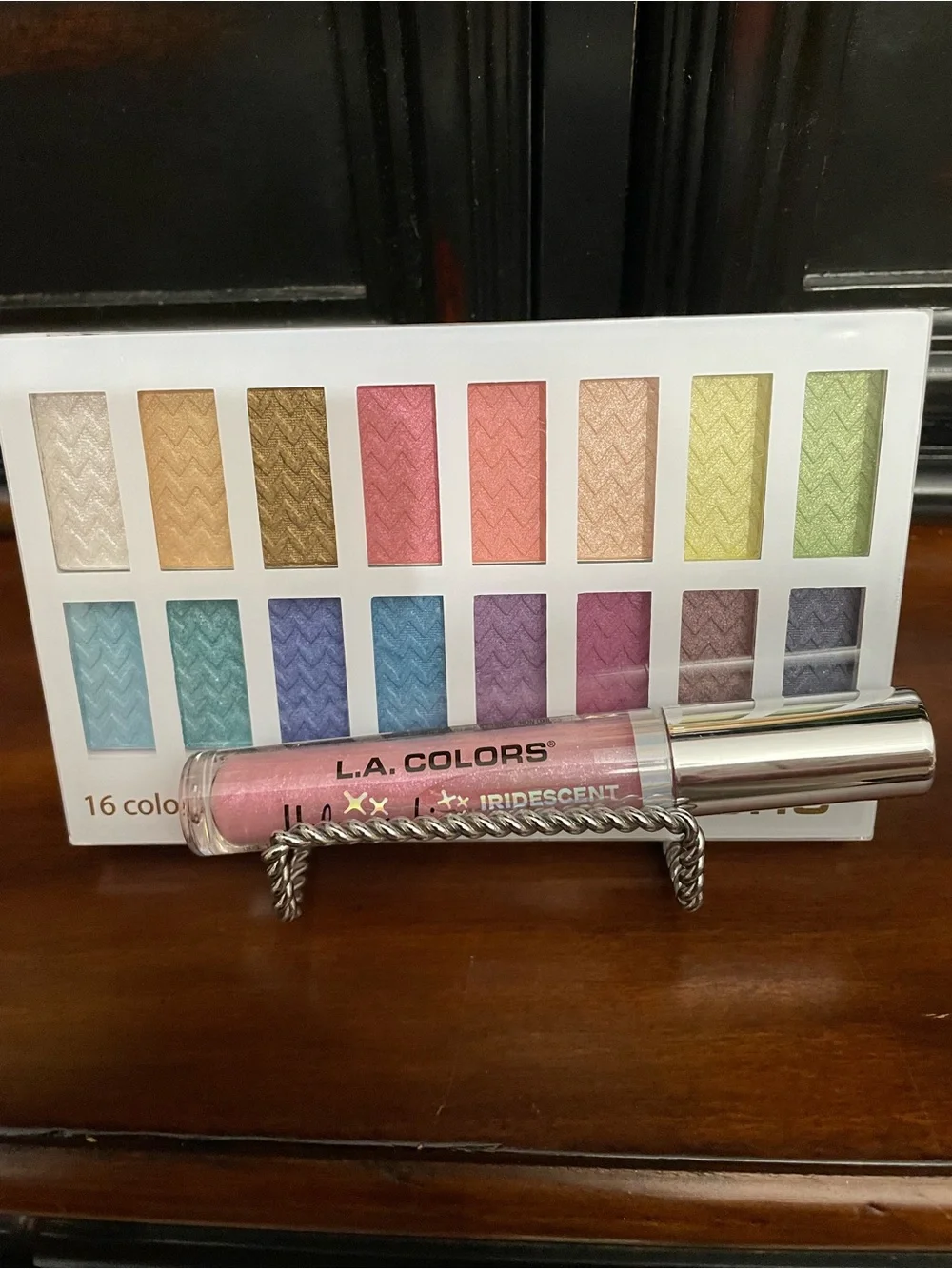 L.A. COLORS 16-Color Shimmer Eyeshadow Palette — and pink lip gloss new